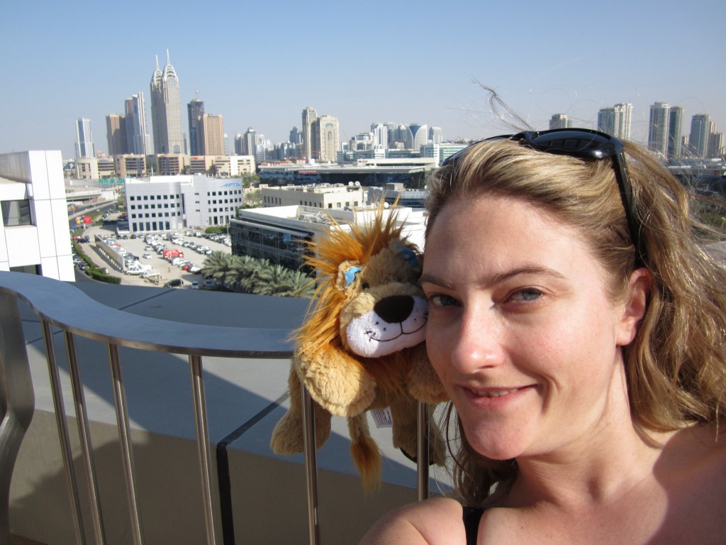 Lewis with his travelling companion and the Dubai skyine