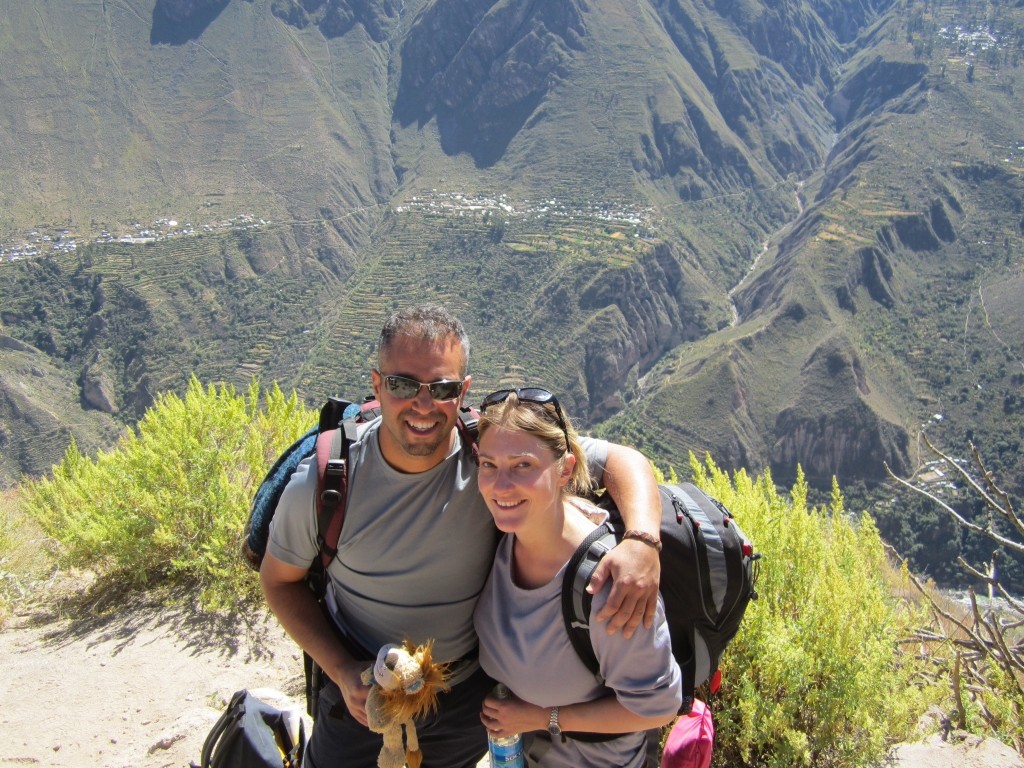 Lewis the Lion poses in the Colca Canyn with his friends Helen and Ofer