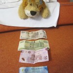 Lewis the Lion studies the back of the Mexican pesos notes