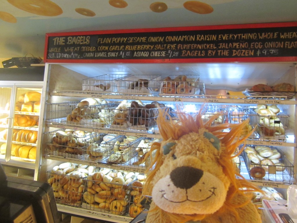 Lewis the Lion in a traditional bagel shop