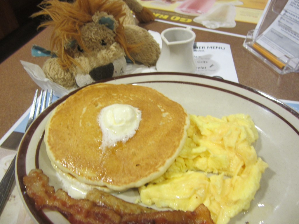 Lewis the Lion enjoys a traditional American breakfast