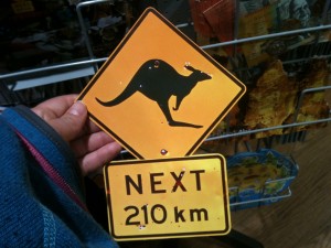 A postcard of the typical 'kangaroo' road sign as seen all over Australia