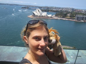 Lewis the Lion and Helen looking over the Sydney Harbour