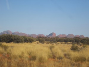 Lewis sees the bumpy rock formations of Kata Tjuta through the bus window