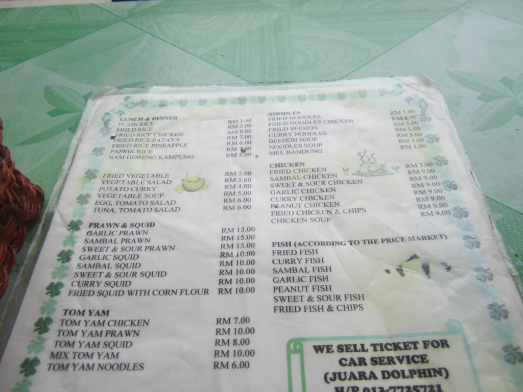 A typical menu in the Tioman beachside cafés