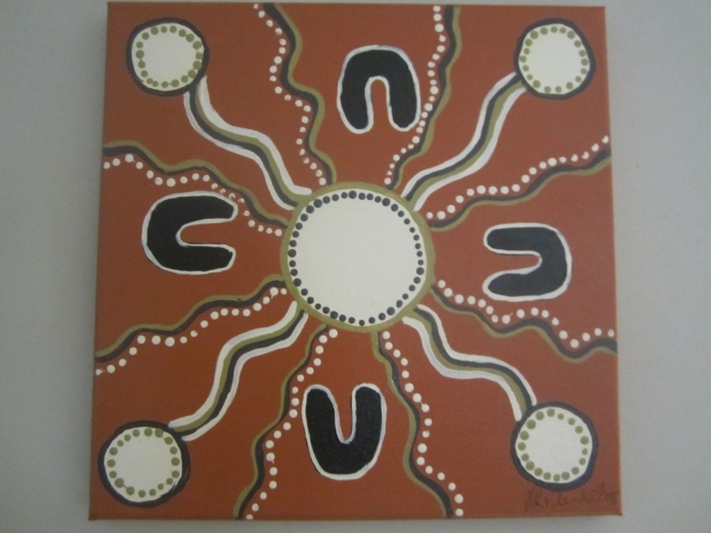 People and a watering hole in this Aboriginal art