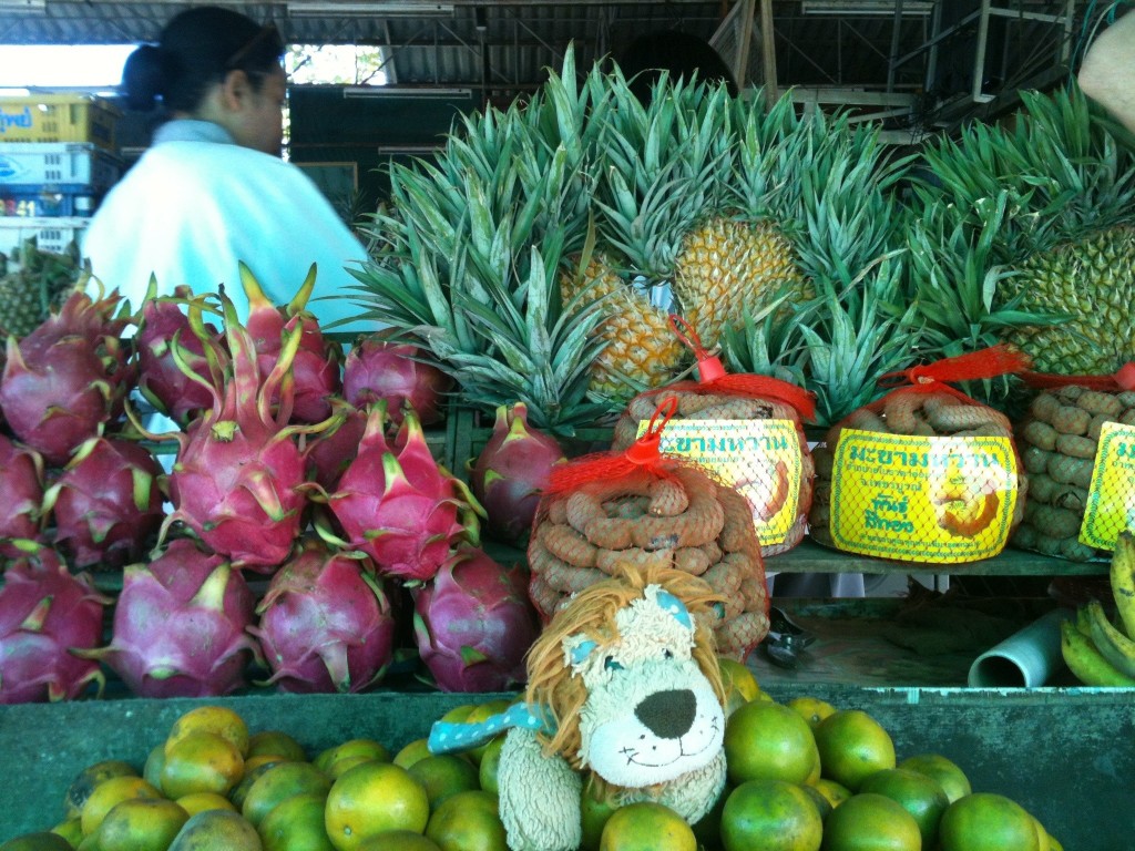 Lewis the Lion loves the look of these dragon fruit and pineapples
