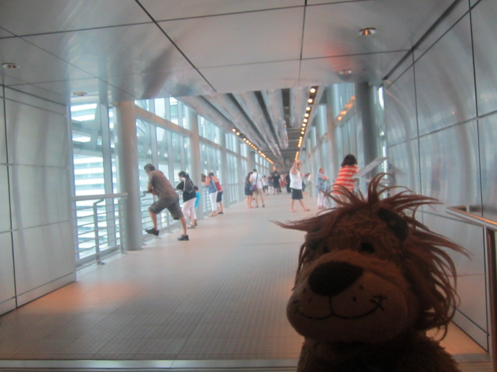 Lewis the Lion stands on the Skybridge