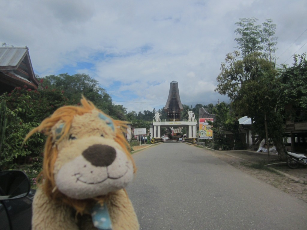 Lewis the Lion is happy to see the welcome sign to Tana Toraja