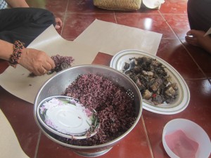 The guests are kindly offered wild rice and pork