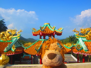 Lewis the Lion stands on the steps of a Chinese Temple