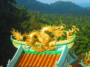 A Chinese dragon decorates the roof