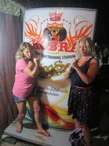 Helen and Sinead pretend to be boxers outside the Kobra Club Stadium!