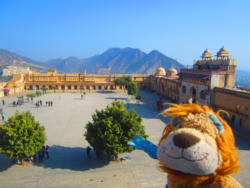 Lewis the Lion overlooks the first courtyard of the Amer Palace