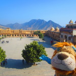 Lewis the Lion overlooks the first courtyard of the Amer Palace
