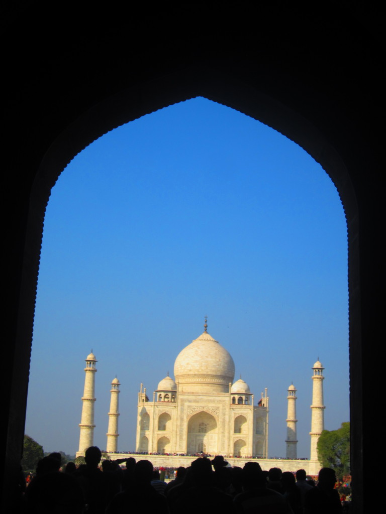 The Taj Mahal is framed by the doorway