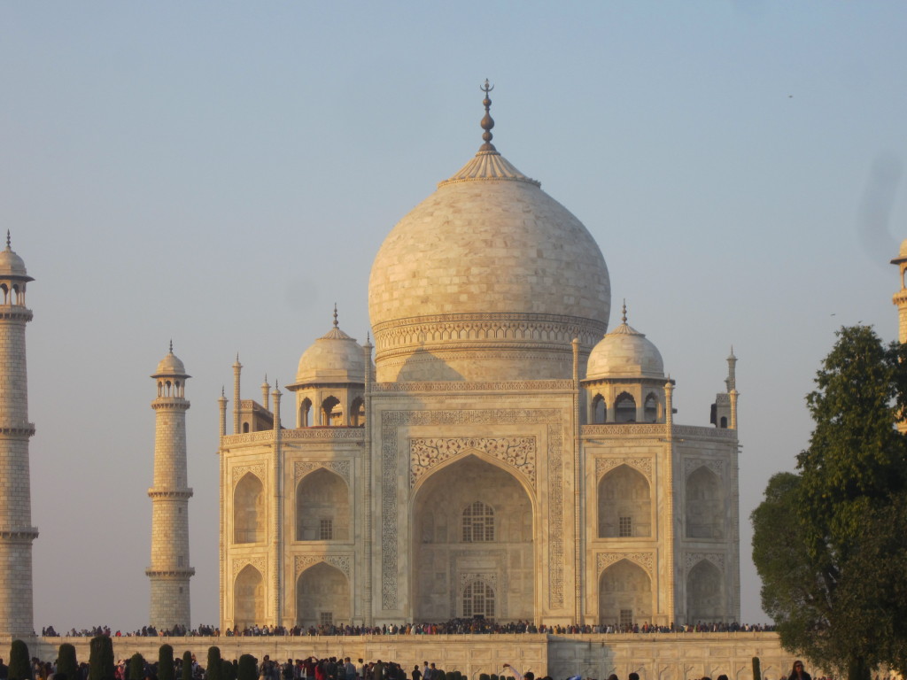 The softer light of twilight falls on the Taj Mahal